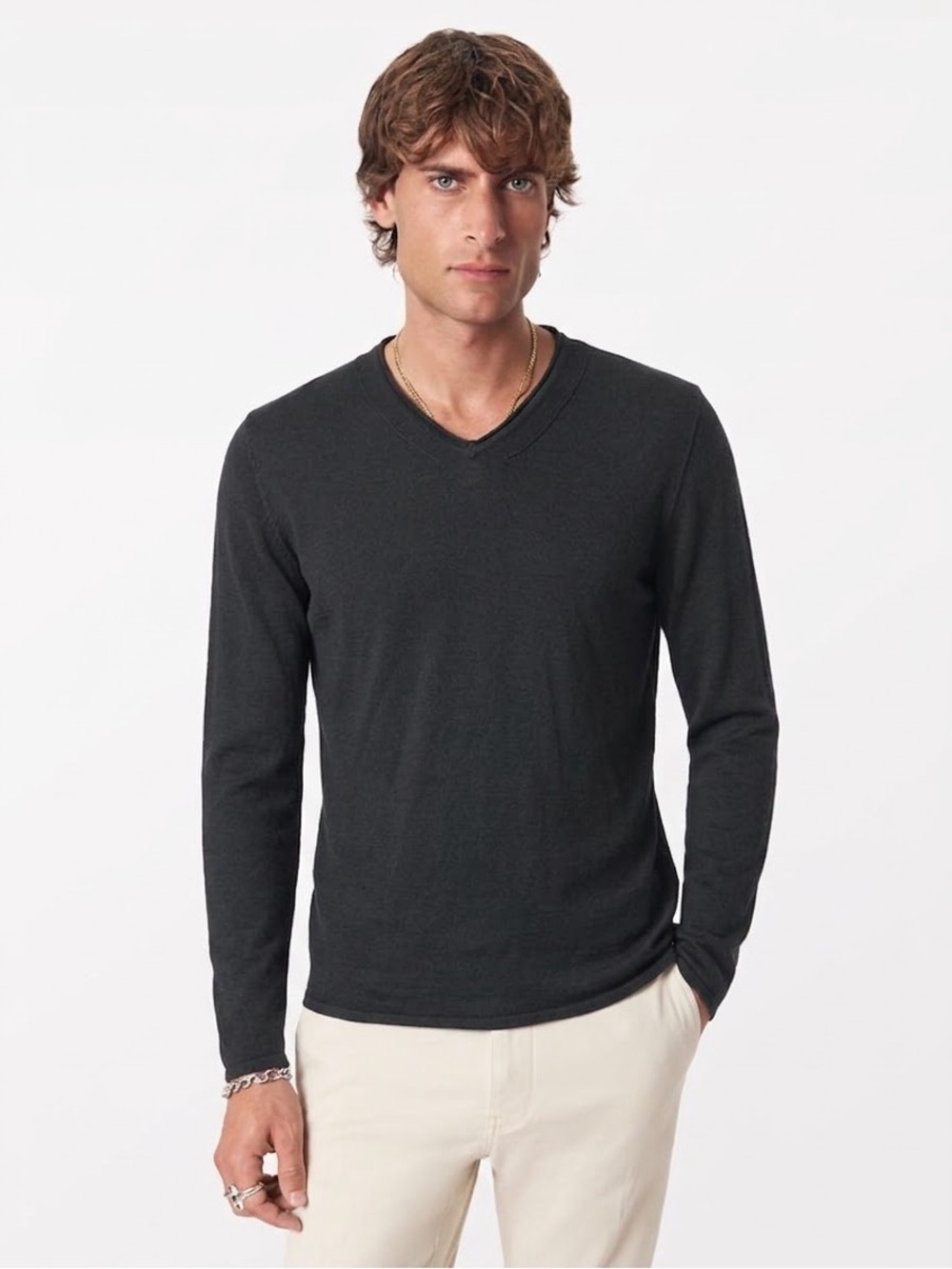 JOHN VARVATOS Men's Wool-blend V-neck Lightweight Sweater - Black, Large